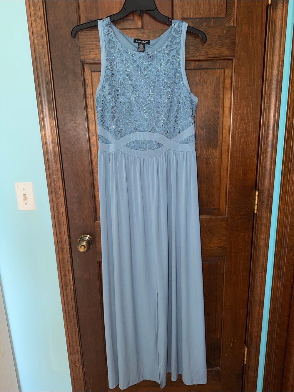 Dusty Blue Lace Bodice Maxi Dress